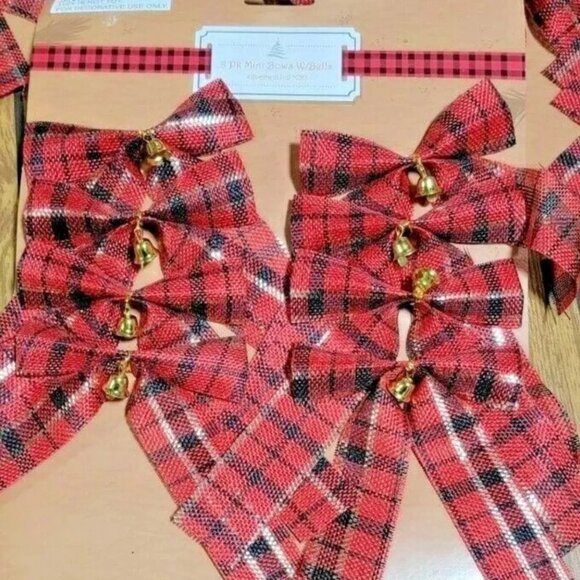 24 Mini Christmas Tree Bows w/Bells Decoration Red Plaid 3 packs of 8 - Picture 2 of 4